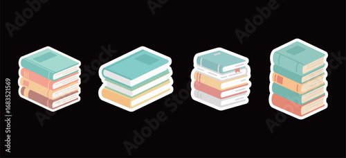 A set of four different styles of cute pastel cartoon book stacks stickers on a black background, representing education, reading and knowledge.