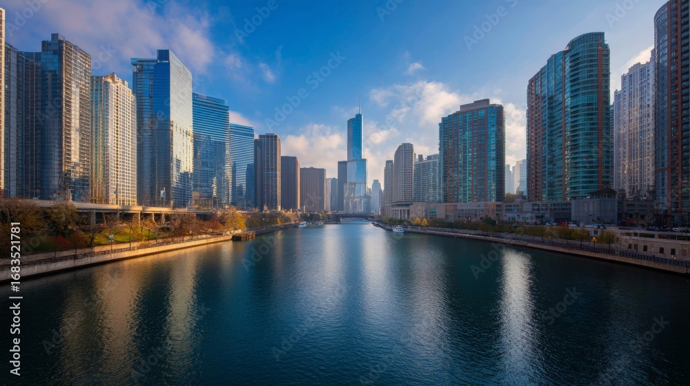Obraz premium Chicago Cityscape Riverfront Skyline with Modern Buildings at Sunrise modern architecture