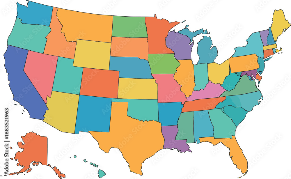 Obraz premium Individual State Maps United States of America | map of the usa in a mosaic of harlequin circles | map of usa