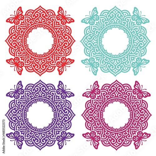 Colorful Mandala Set with Butterflies and Floral Patterns – 2x2 Grid