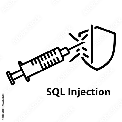 Sql injection cyber security threat icon concept vector illustration showing syringe attacking shield