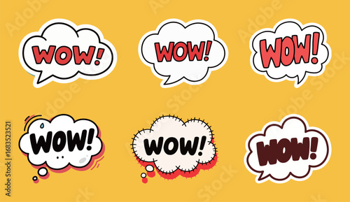 A set of "WOW!" comic speech bubbles in various styles, conveying surprise, amazement, and excitement on a bright yellow background.