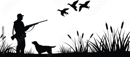Hunter standing with dog, observing flying ducks, black and white silhouette, wetland wildlife scene, outdoor hunting illustration, bird shoot moment