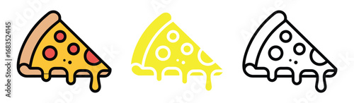 Pizza slice icon. Piece of pizza peperoni vector illustration. Pizzeria logo. Salami pizza symbol. Fast food sign in three different styles.
