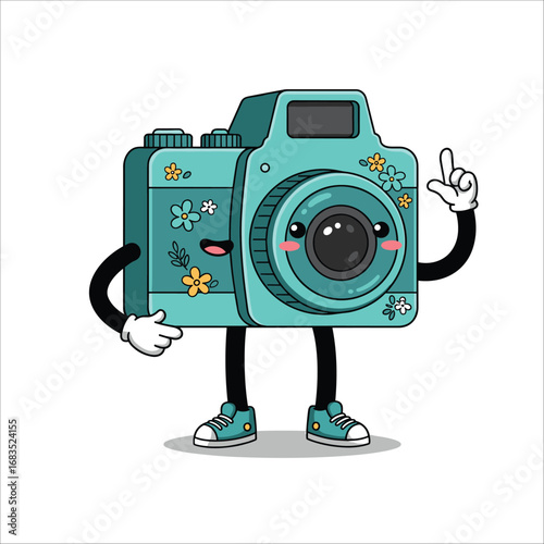 Cartoon groovy photo camera retro character. Isolated vector funky, hippie style photocamera personage adorned with vibrant daisy flowers, stars and playful smile push shooting button to make snapshot