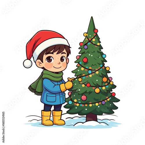A delighted little boy places a shining star atop a decorated Christmas tree