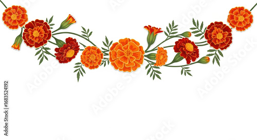 Day of Dead floral arrangement with orange and red marigolds.  Elegant marigold garland for Dia de Muertos celebrations. Festive Day of Dead decoration perfect for invitations and announcements.