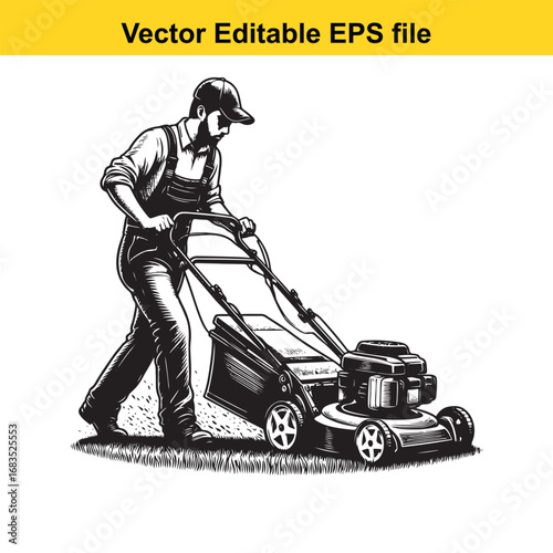 Gardener pushing a lawn mower, vector illustration, isolated on white background
