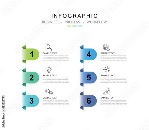 Modern template infographic with 6 step process and icons can be used for workflow, business information, presentation and data visualization