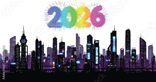 Futuristic cityscape silhouette with colorful 2026 above the skyline at night