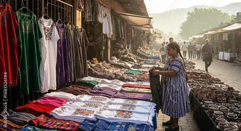 Obraz premium Vendors showcasing traditional Mexican textiles in vibrant market at sunrise