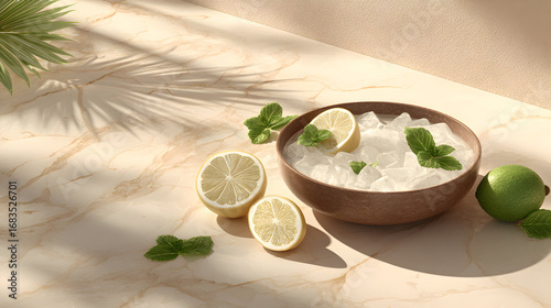 A dark brown bowl filled with ice cubes, lime slices, and mint leaves sits on a beige surface.