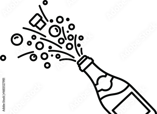Champagne bottle popping with bubbles in a celebratory line art illustration