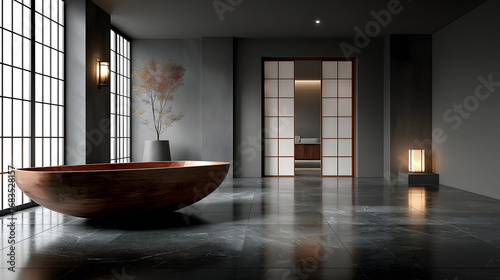 A large, dark brown wooden bathtub in a minimalist, modern bathroom with large windows and polished concrete floors.