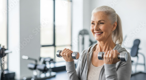 Elderly woman who plays sports with light weights in fitness center, smiling. Elderly woman doing sports, exercises using dumbbells, dressed in sportswear in gym.