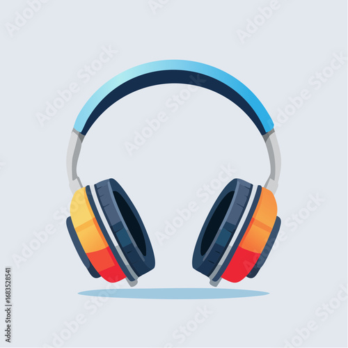Stylish over-ear headphones with blue and orange accents, isolated on a light background.