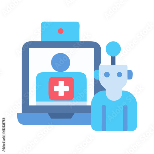 Telemedicine consultation robot assistance on computer screen flat design