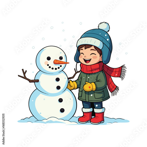 Happy snowman with a carrot nose and a hat, celebrating the winter season with a festive scarf and a broom
