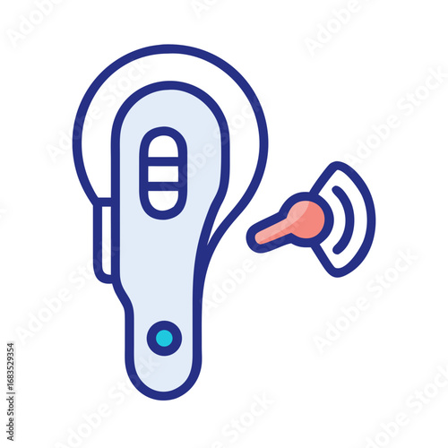 Blue and white hearing aid illustration with sound wave icon