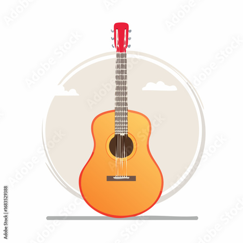 Acoustic guitar illustration against a simple sky background.