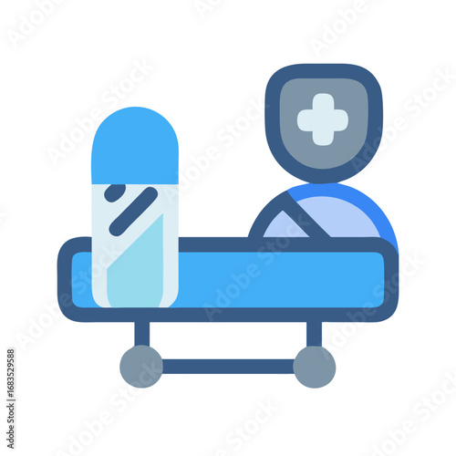 Medical stretcher with healthcare professional icon and medicine pill