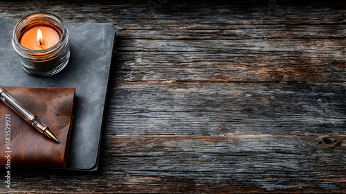 A lit candle, leather-bound notebook, and fountain pen on a dark wooden surface.