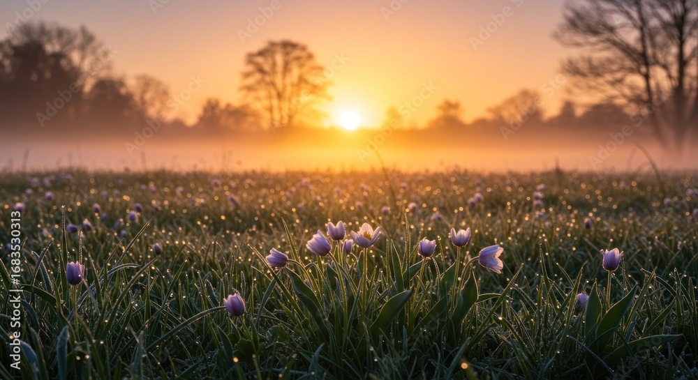 Naklejka premium A vast field of wildflowers, bathed in the golden light of a sunrise, filled with morning dew drops.