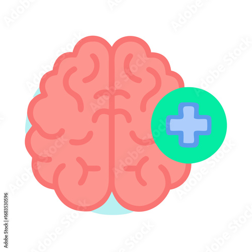 Brain icon with plus symbol; positive mental health concept