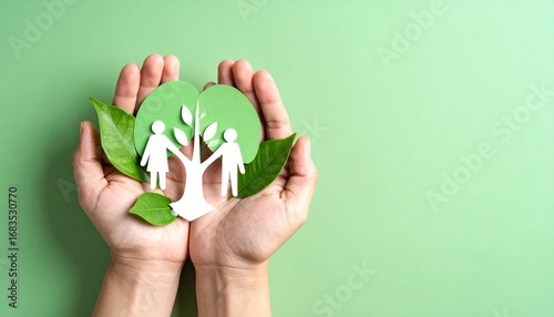 a paper cut smiley face in handcon green background. positive thinking