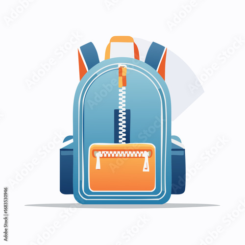 Blue backpack with orange accents, zippered compartments, and papers sticking out.