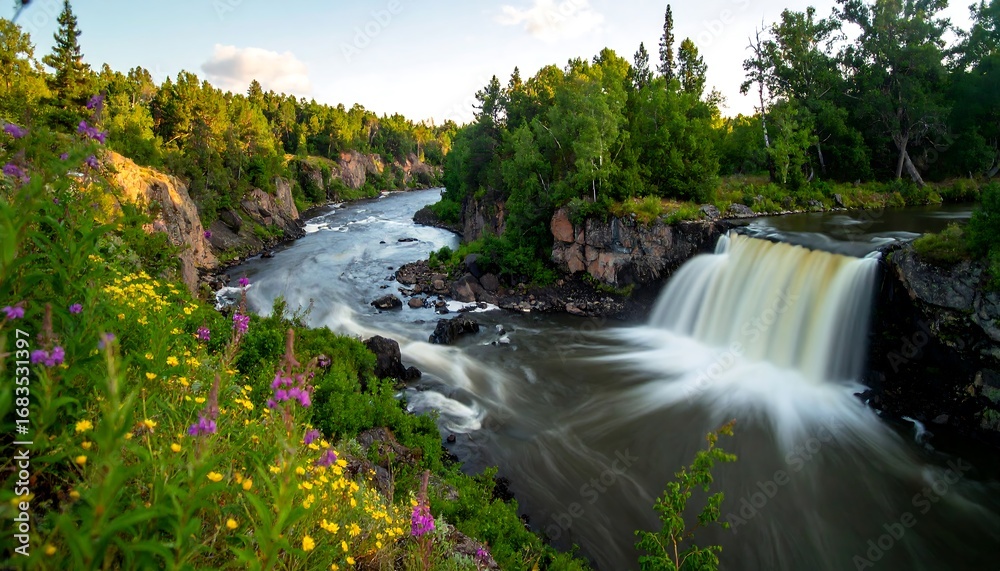 Obraz premium A scenic waterfall cascading over a rocky riverbed, surrounded by lush green forest and wildflowers.