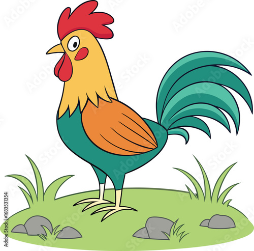 Vector art of a colorful cartoon rooster standing proudly on a patch of grass with rocks