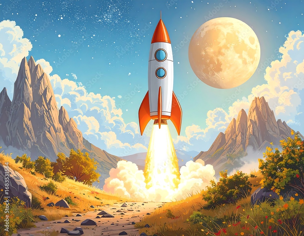 Naklejka premium A vibrant rocket blasts off from a grassy landscape beneath towering peaks, towards a luminous moon.