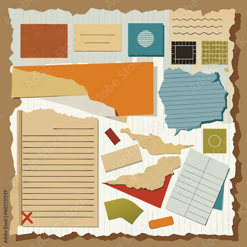 Vector illustration of a set of torn, vintage paper sheets, cards, and blank notebook pages with tape