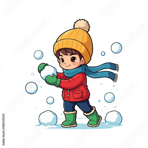 A smiling cartoon boy in a winter cap happily blows soap
