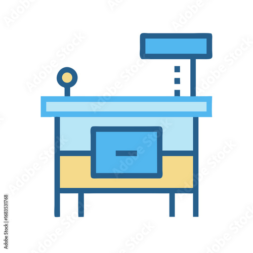 Stylized blue checkout counter graphic icon on black background