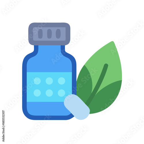 Bottle with pill and leaf for natural medicine