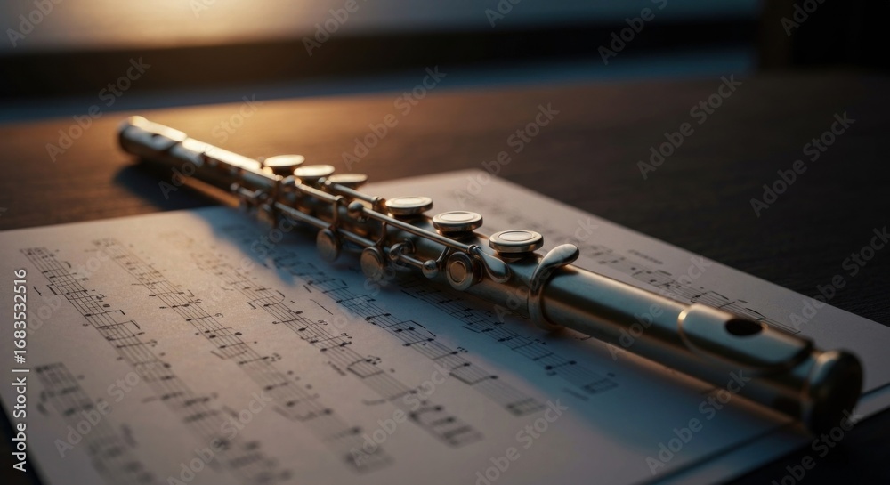 Fototapeta premium A golden flute rests on sheet music, illuminated by warm light