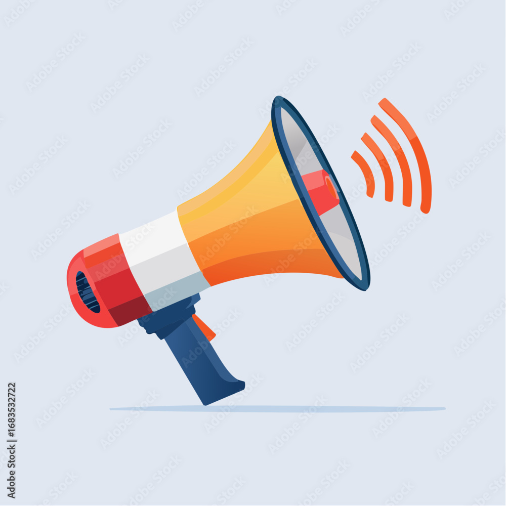 Naklejka premium A vibrant orange and red megaphone broadcasting a message, sound waves emanating outwards.
