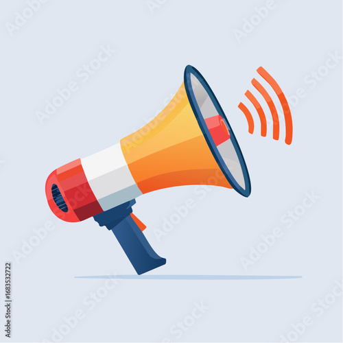 A vibrant orange and red megaphone broadcasting a message, sound waves emanating outwards.