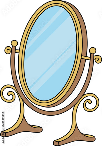 Vector art of a vintage oval vanity mirror with a decorative stand, isolated on a
