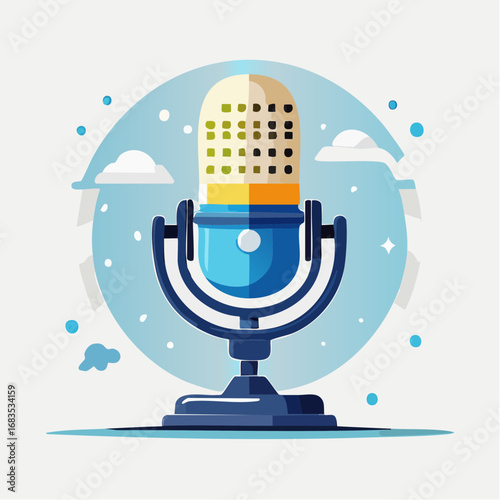 Retro-style microphone illustration, broadcasting, podcasting, communication, audio.