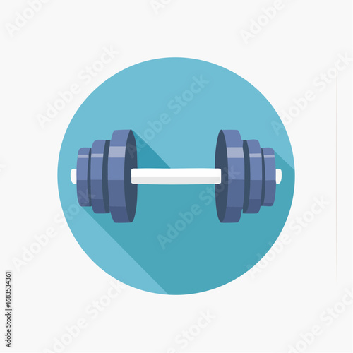 A flat-design illustration of a dumbbell, weightlifting equipment, in a circular icon.