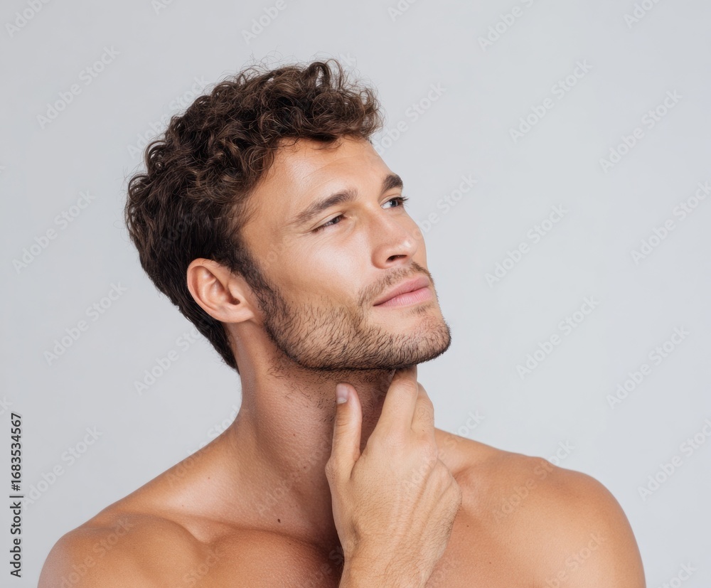 Fototapeta premium Close-up of a man with tousled brown hair, showcasing a thoughtful expression and healthy skin tone against a neutral background.