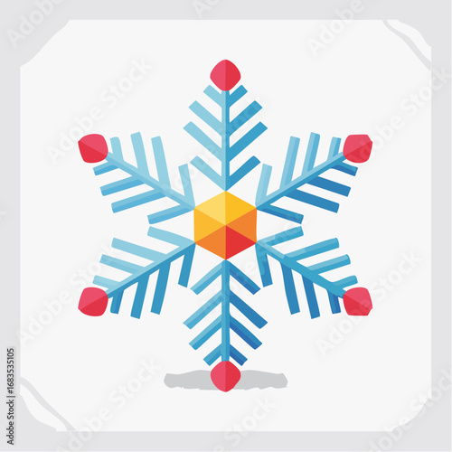 Geometric snowflake design, vibrant blue and orange, winter holiday symbol.