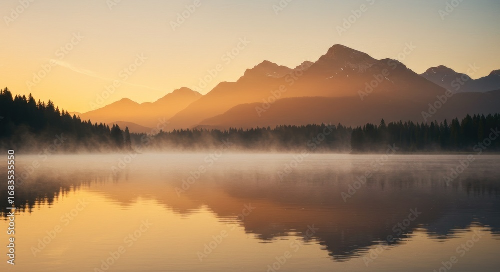 Fototapeta premium Serene sunrise over a misty lake, reflecting the golden hues of the mountains.
