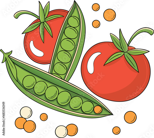 Vector art of fresh ripe tomatoes and opened pea pods filled with green peas