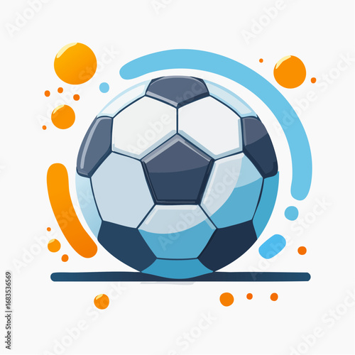 A vibrant cartoon soccer ball rests on a simple line, surrounded by dynamic blue and orange shapes.