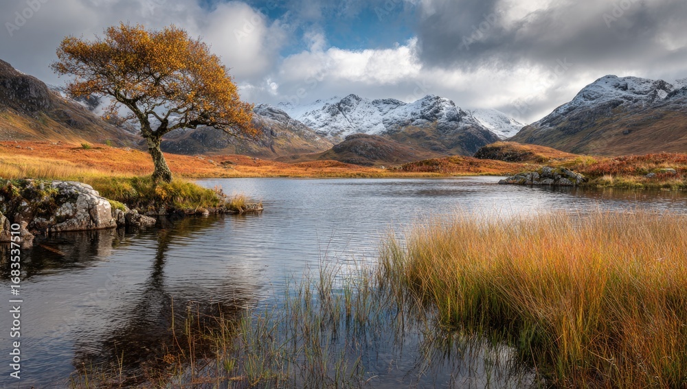 Fototapeta premium Autumnal lake nestled amongst mountains. A solitary tree reflects in the calm water, with autumn colors and snow-capped peaks
