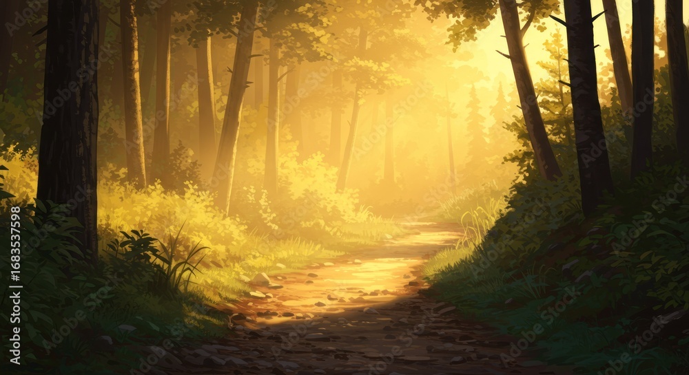 Naklejka premium Golden sunlight streams through a tranquil forest path, illuminating the lush greenery.